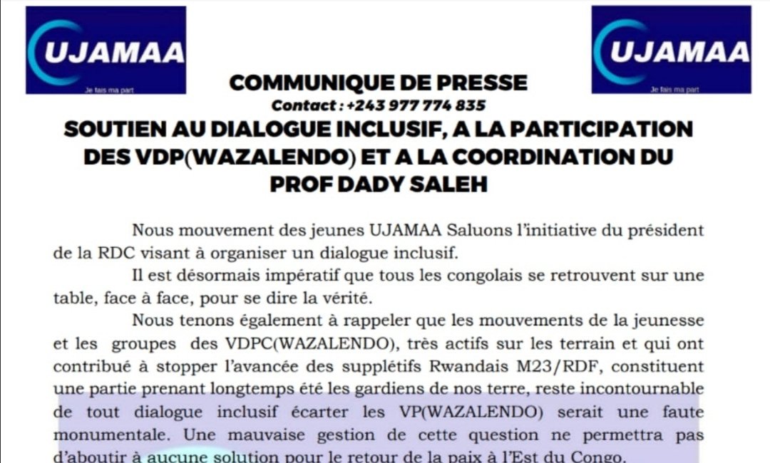 Nord-kivu/Dialogue inclusif : UJAMAA refuse l’exclusion des Wazalendo